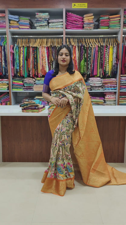 Soft Silk Saree with Kalamkari Motifs and Jacquard Border for Women