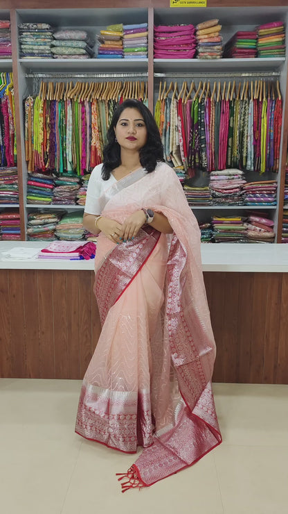 Kanchipuram Organza Saree with Viscose Thread Work and Satin Blouse for Women