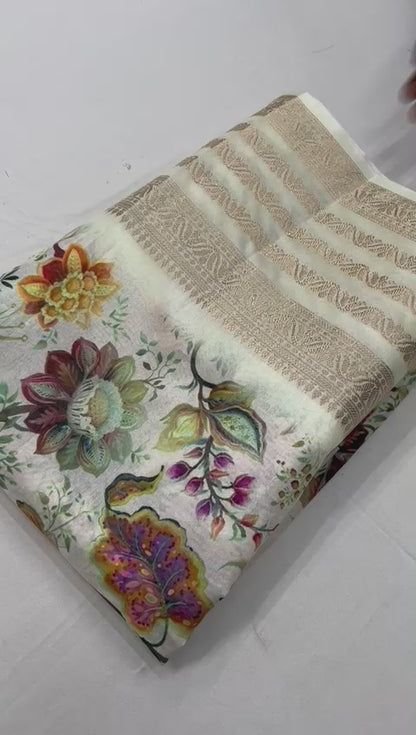 Soft Dola Silk Sarees digital floral print Jacquard weaving border