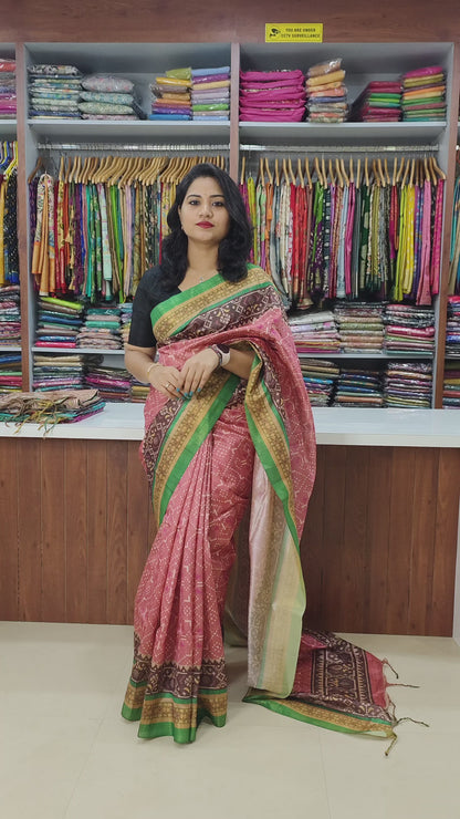 Soft Raw Silk Ikat Print Saree with Tassel Border and Contrast Blouse Piece