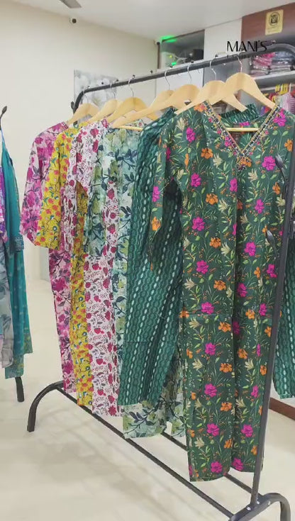 Cotton Kurti Pant Dupatta Set with Handwork and Mirror Detailing for Women