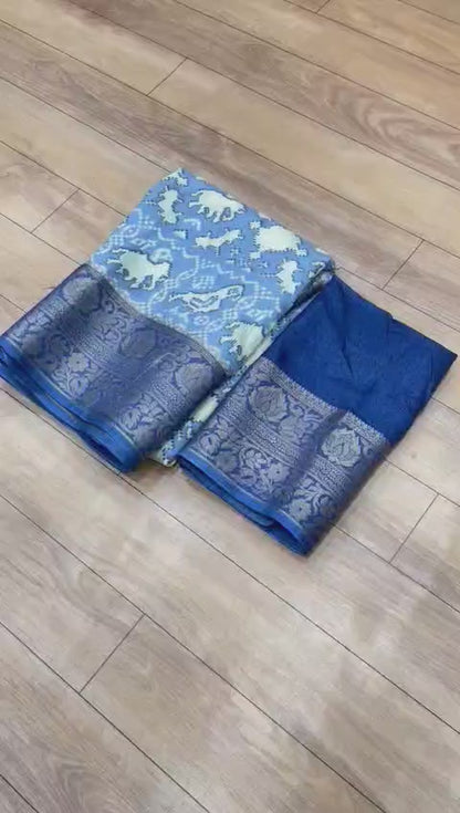 Premium Crepe Silk Printed Saree with Weaving Viscose Border and Running Blouse