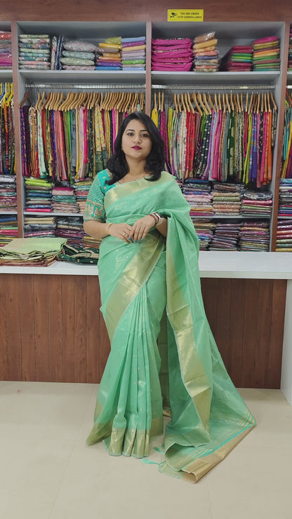 Soft Tissue Silk Saree with Small Butti Design, Embroidered Blouse up to Size 42 or Plain Silk Blouse