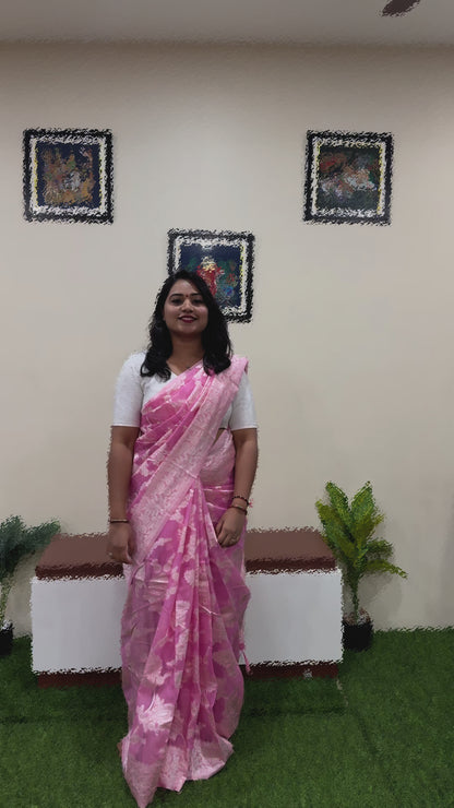 Pink Banarasi Linen Cotton Saree with Zari Floral Weaving and Contrast Pallu – Festive Wear