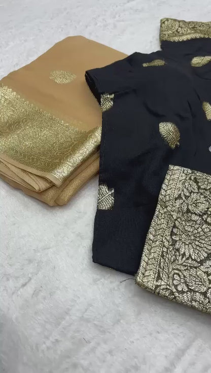 Women’s Pure Viscose Georgette Saree with Leaf Zari Design and Contrast Running Blouse