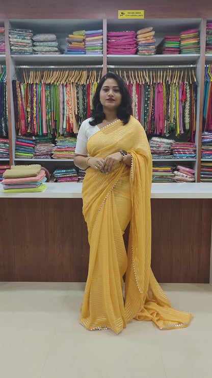 Soft Chiffon Saree with Silver Zari Weaving & Gota Temple Border – Banarasi Silk Blouse Included