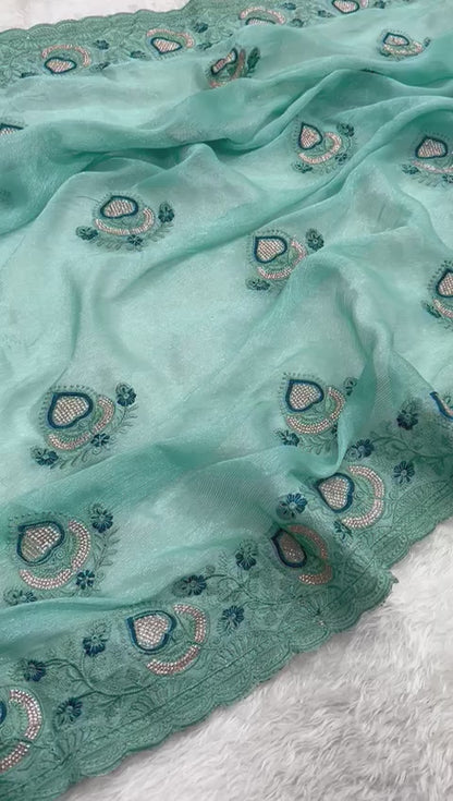 Fancy Simmar Chiffon Saree with Multi Zari Embroidery & Art Silk Butti Embroidery Blouse