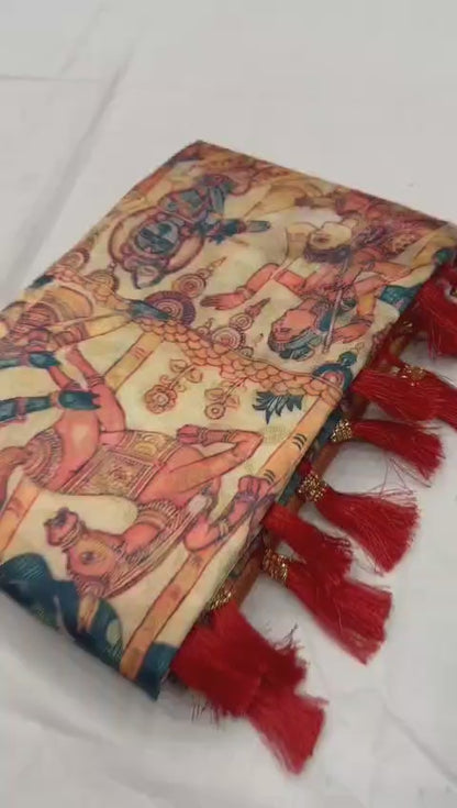 Banarasi Soft Silk Saree with Kalamkari Block Print and Zari Weaving – Party Wear for Women