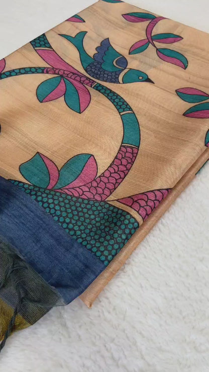 Soft Tussar Silk Printed Saree with Contrast Blouse, Tassels, and Designer Pallu