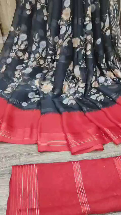 Chiffon Jari Saree with All-Over Floral Print & Contrast Printed Border – Blouse Options Available