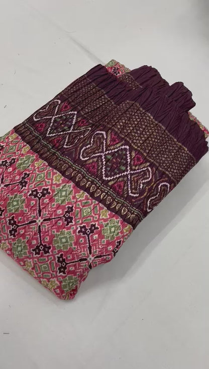 Soft Dola Silk Patola Print Saree with Foil Detailing, Tassel Pallu and Contrast Blouse for Women