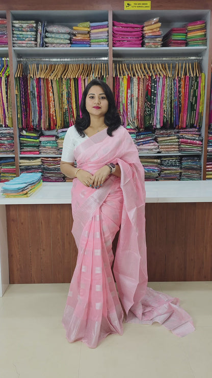 Linen Silk Saree with Silver Zari Weaving and Contrast Blouse – Festive and Wedding Wear