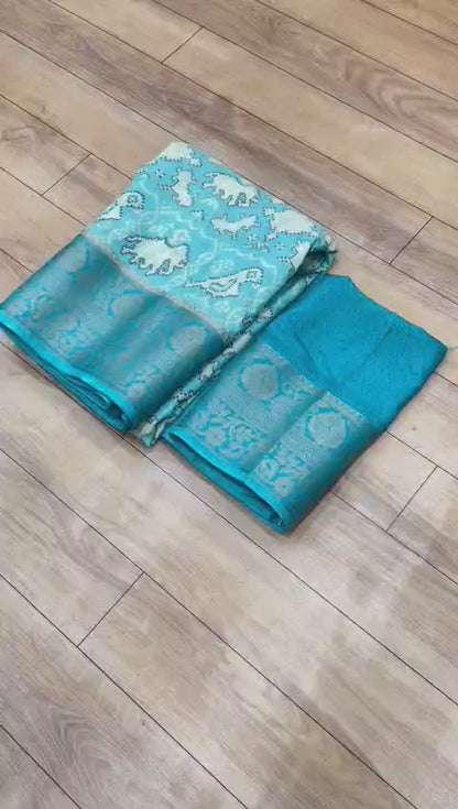 Premium Crepe Silk Printed Saree with Weaving Viscose Border and Running Blouse