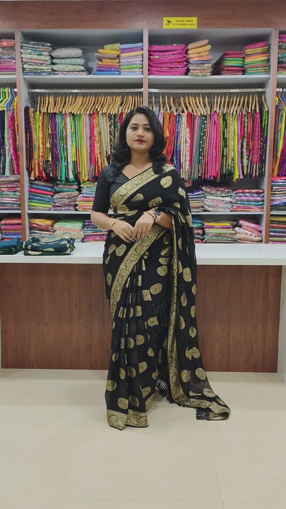 Women’s Pure Viscose Georgette Saree with Gold Zari Weaving, Zalar Pallu and Foil Mirror Work Blouse