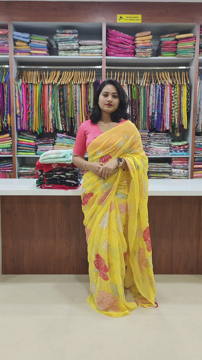 Soft Georgette Party Wear Saree with Colorful Thread Embroidery and Sequence Work for Women