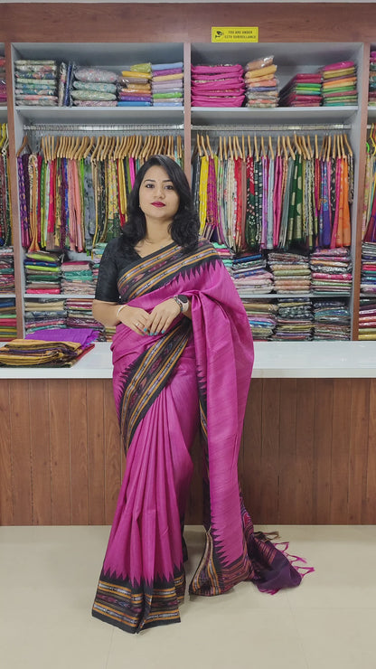 Pure Tussar Silk Saree with Ikkat Weaving and Vidarbha Temple Border – Silk Mark Certified