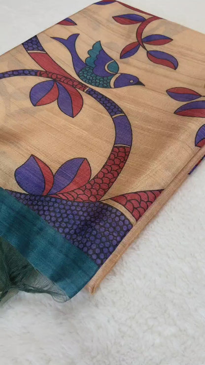 Soft Tussar Silk Printed Saree with Contrast Blouse, Tassels, and Designer Pallu