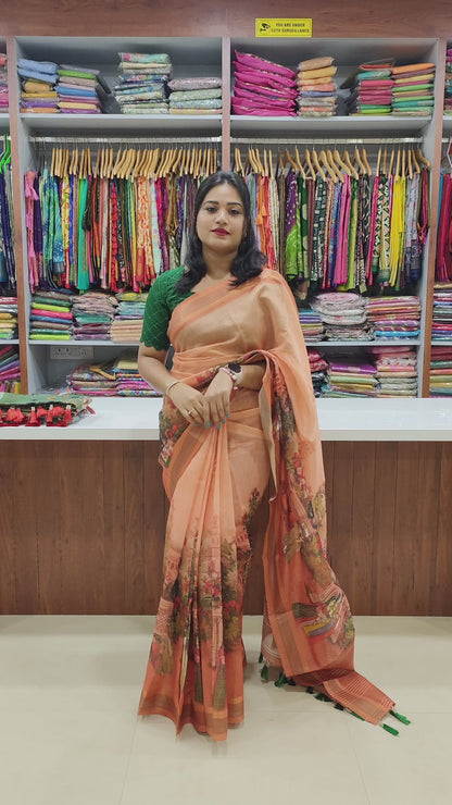 Semi Tussar Silk Saree with Kalamkari Print, Zari Weaving Border, and Contrast Blouse