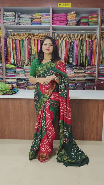 Art Silk Bandhani Saree with Hand Bandhej Work and Running Blouse – Festive Wear for Women