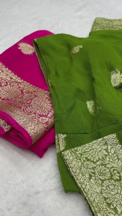 Women’s Pure Viscose Georgette Saree with Leaf Zari Design and Contrast Running Blouse