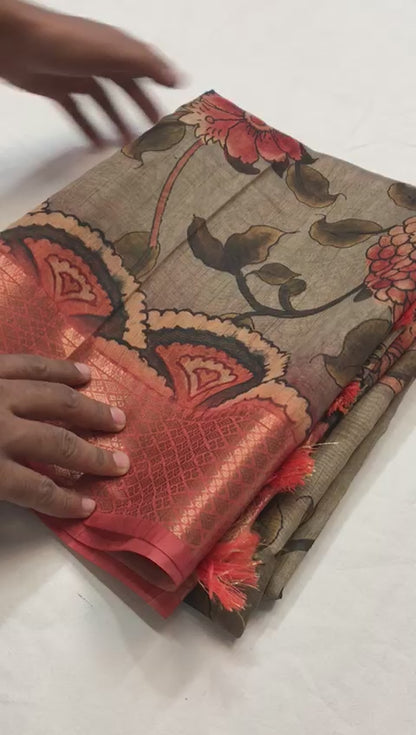Tussar Silk Saree with Hand-Painted Style Kalamkari Print, Zari Border, and Contrast Blouse