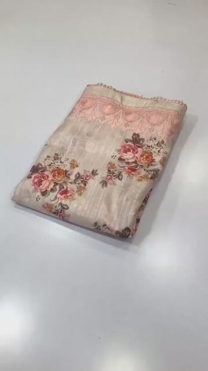 Handloom Tussar Silk Digital Print Saree with Embroidery, Lace Border, and Contrast Blouse