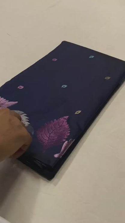 Pure Soft Silk Saree with Colorful Weaving and Leaf Panel Design