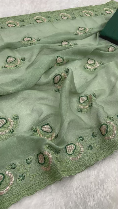 Fancy Simmar Chiffon Saree with Multi Zari Embroidery & Art Silk Butti Embroidery Blouse