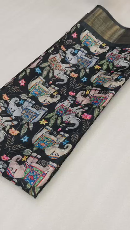 Mangalgiri Saree for Women with Kalamkari Print, Zari Weaving Border, Digital Pallu and Contrast Blouse Piece