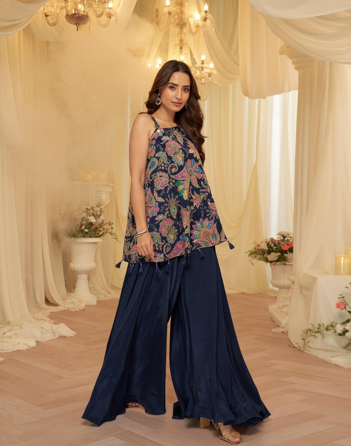Designer Viscose Crepe Embroidered Kaftan Style Palazzo Set for Women with Blouse