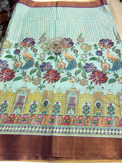 Soft Tussar Silk Printed Saree with Contrast Border, Tassels and Blouse for Women