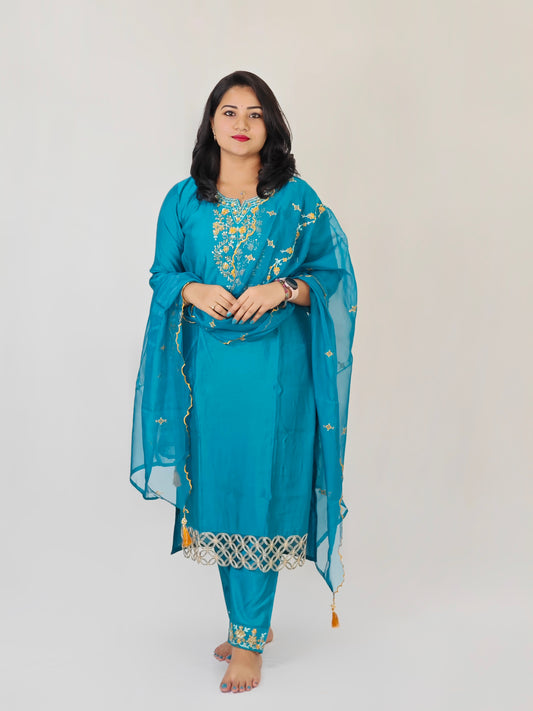 Milan Silk Handworked Kurta Pant Dupatta Set with Embroidered Organza Dupatta – Sizes M to XXL