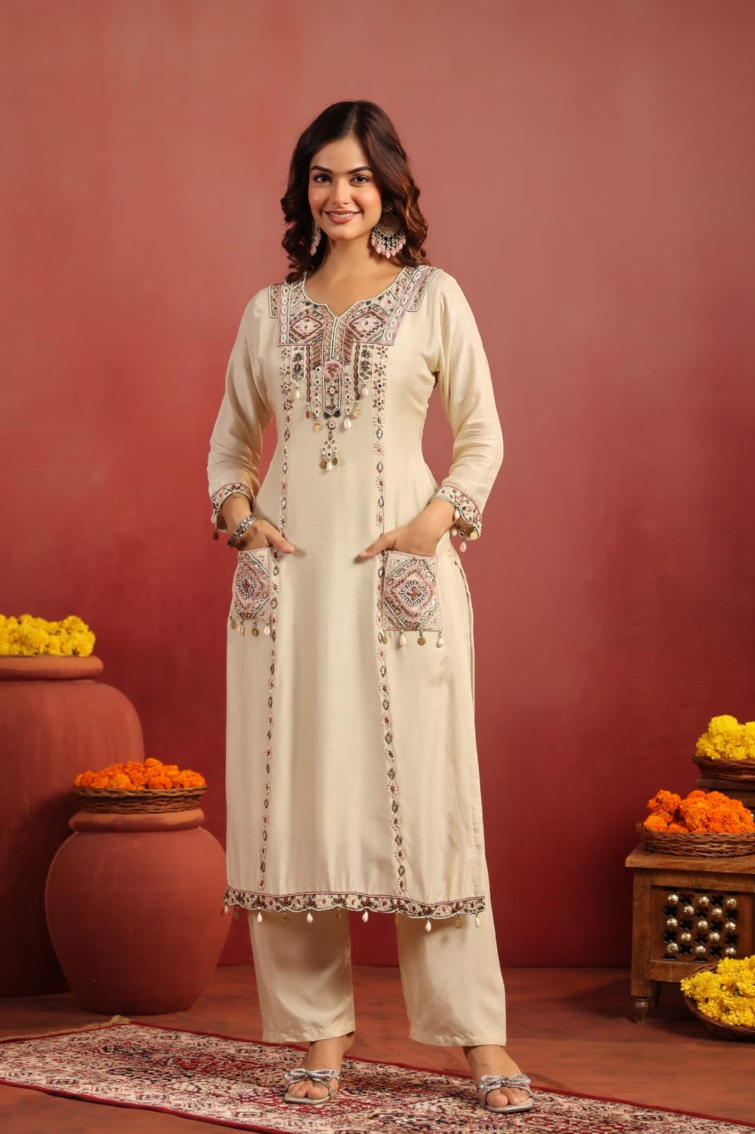 Dola Silk Kurta Pant Dupatta Set with Embroidery Detailing – Women’s Festive Wear (Sizes M–XXL)