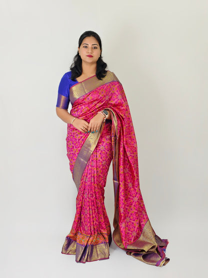 Spanish Ikkat Cotton Saree with Pochampalli Print and Nylon Zari Border for Women