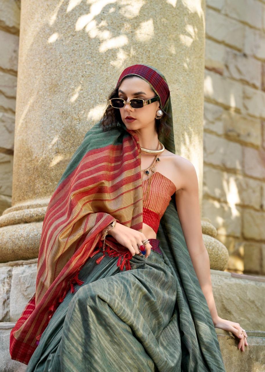 Handloom Style Katan Silk Saree with Red Zari Border – Elegant Office & Festive Wear Saree for Women