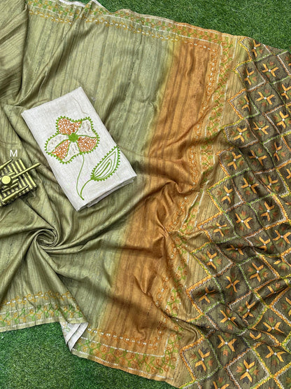 Air Silk Saree with Digital Ajrakh Print, Khatha Work and Sequins – Designer Blouse Included