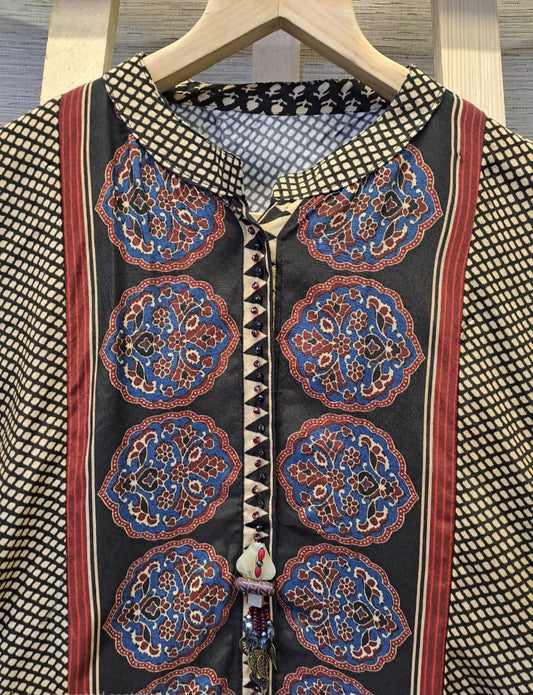 Women’s digital print viscose silk top palazzo set, moti sequin handwork touch, pocket palazzo, sizes 38-44