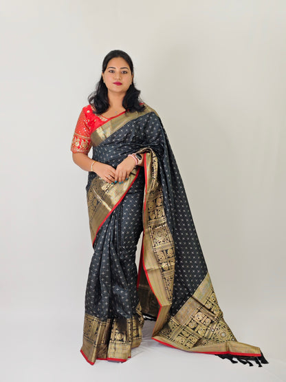 Soft Silk Saree with Rich gold Zari border and plus mark pattern elephant and peacock motifs