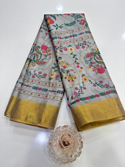 Soft Tussar Silk Printed Saree with Contrast Border, Tassels and Blouse for Women