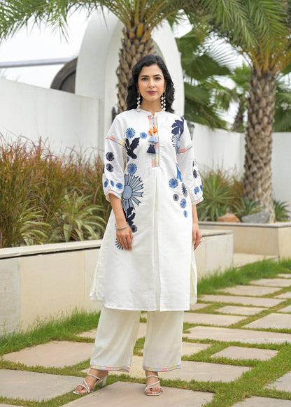 White Roman Silk Embroidered Kurta Pant Set for Women – Elegant Two-Piece Festive and Semi-Formal Outfit