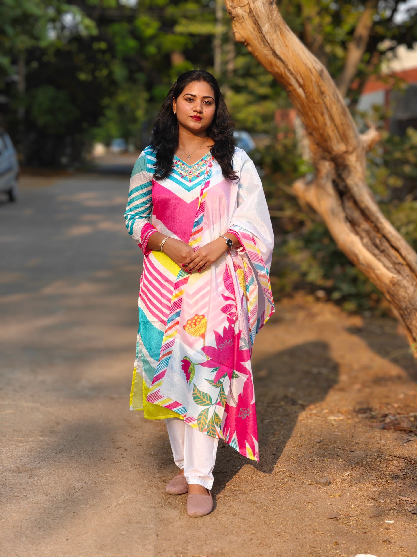 Multicolor Chinon Suit Set with Mirror and Jari Handwork for Women