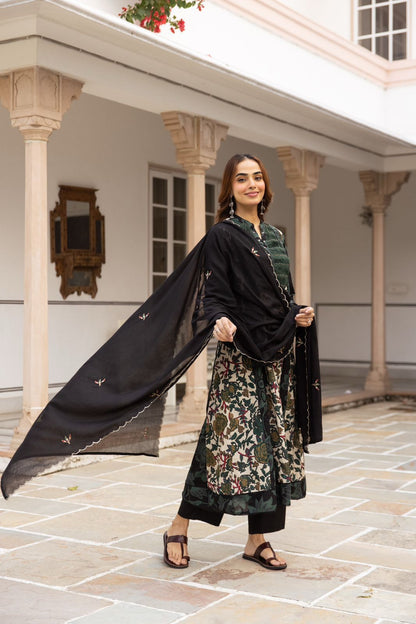 Cotton Printed Kurta Set for Women with Contrast Panels and Dupatta