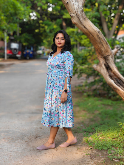 Blue Crepe Digital Floral Print Flared Western Dress for Women – Midi Dress, Sizes M, L, 2XL