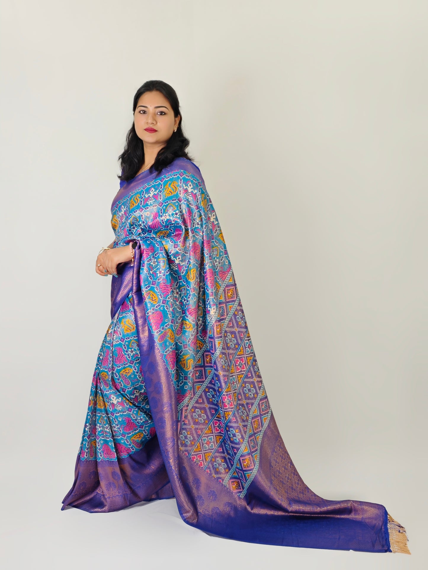Nylon Silk Saree with Patola Print and Gold Zari Border for Women