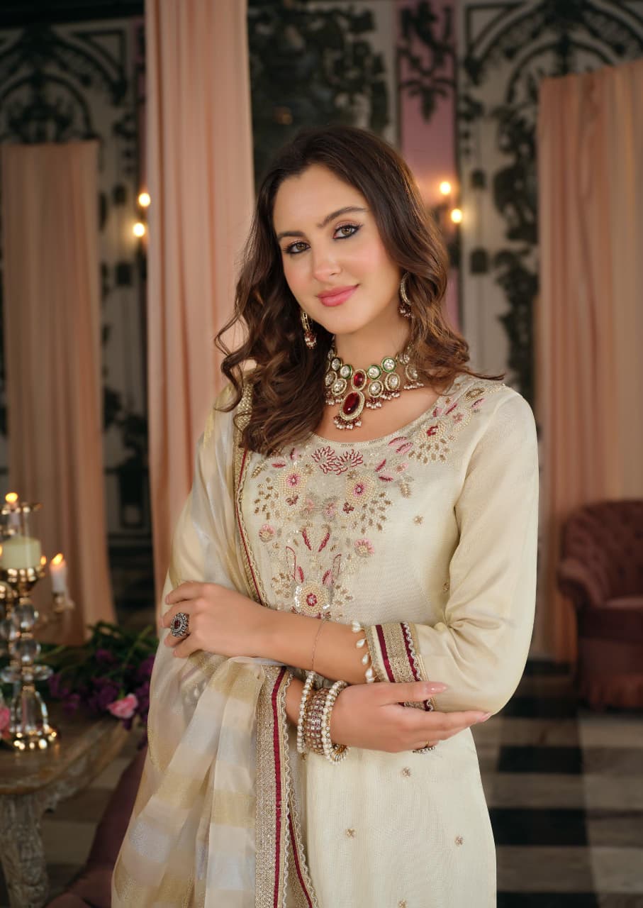 Tissue Shimmer Kurta Palazzo Dupatta Set for Women with Detailing Work, Festive Wear Ethnic Set