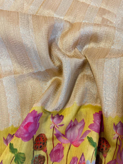 Soft Silk Saree with Pichwai Lotus Print Contrast Border, Rich Zari Pallu, and Blouse Piece