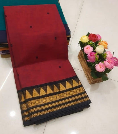 Kanchi cotton saree with all over small butti and zari thread border, 6.2m with running blouse, women’s traditional saree