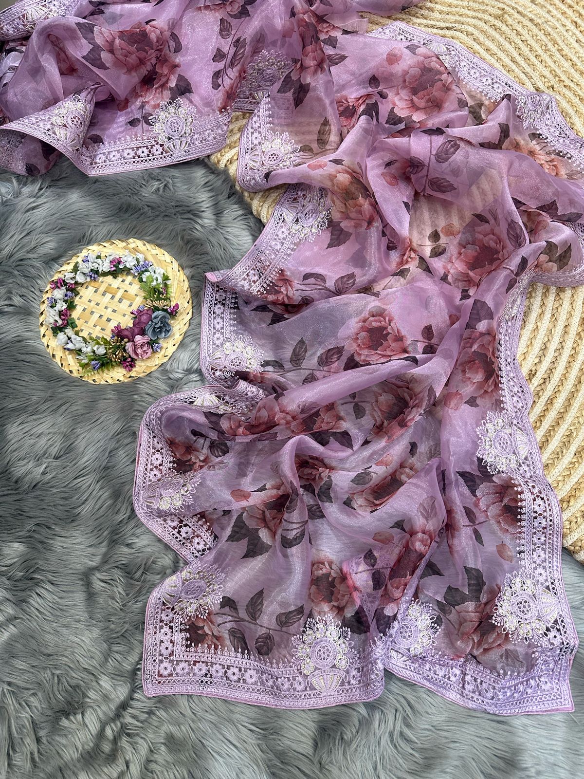 Organza Silk Saree with Digital Print and Viscos Thread Work – Banglori Silk Blouse Included