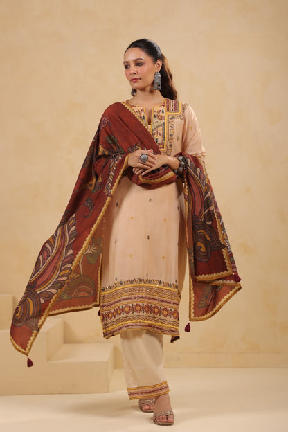 Mul Chanderi Kurti Pant Dupatta Set with Dori and Sequin Handwork for Women