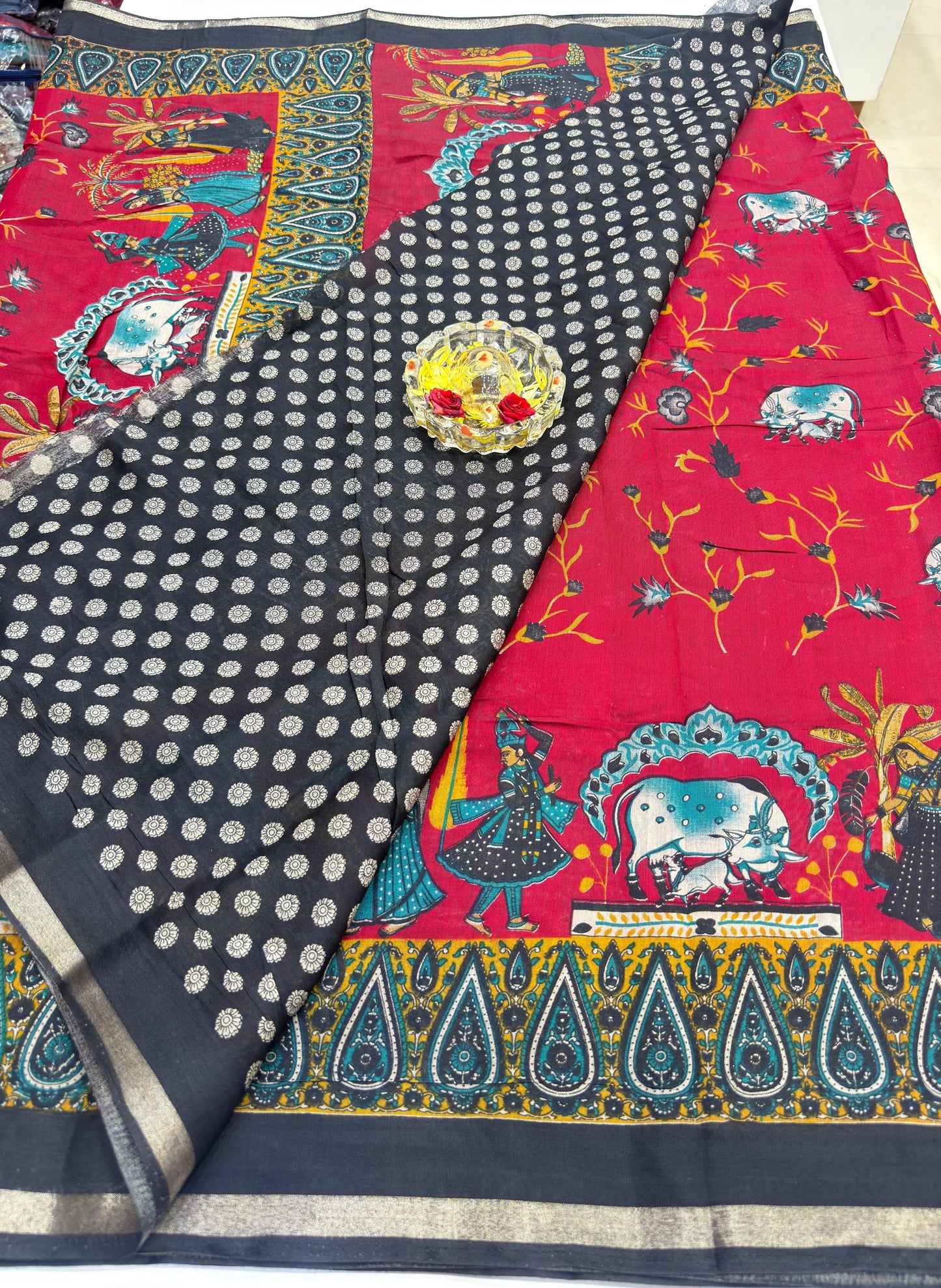 Kalamkari Printed Silk Blend Saree for Women with Artistic Border and Traditional Ethnic Design